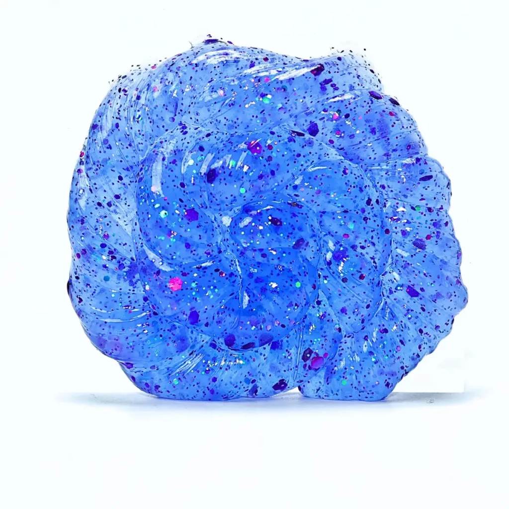 Blue sensory putty with purple and multicolored glitter
