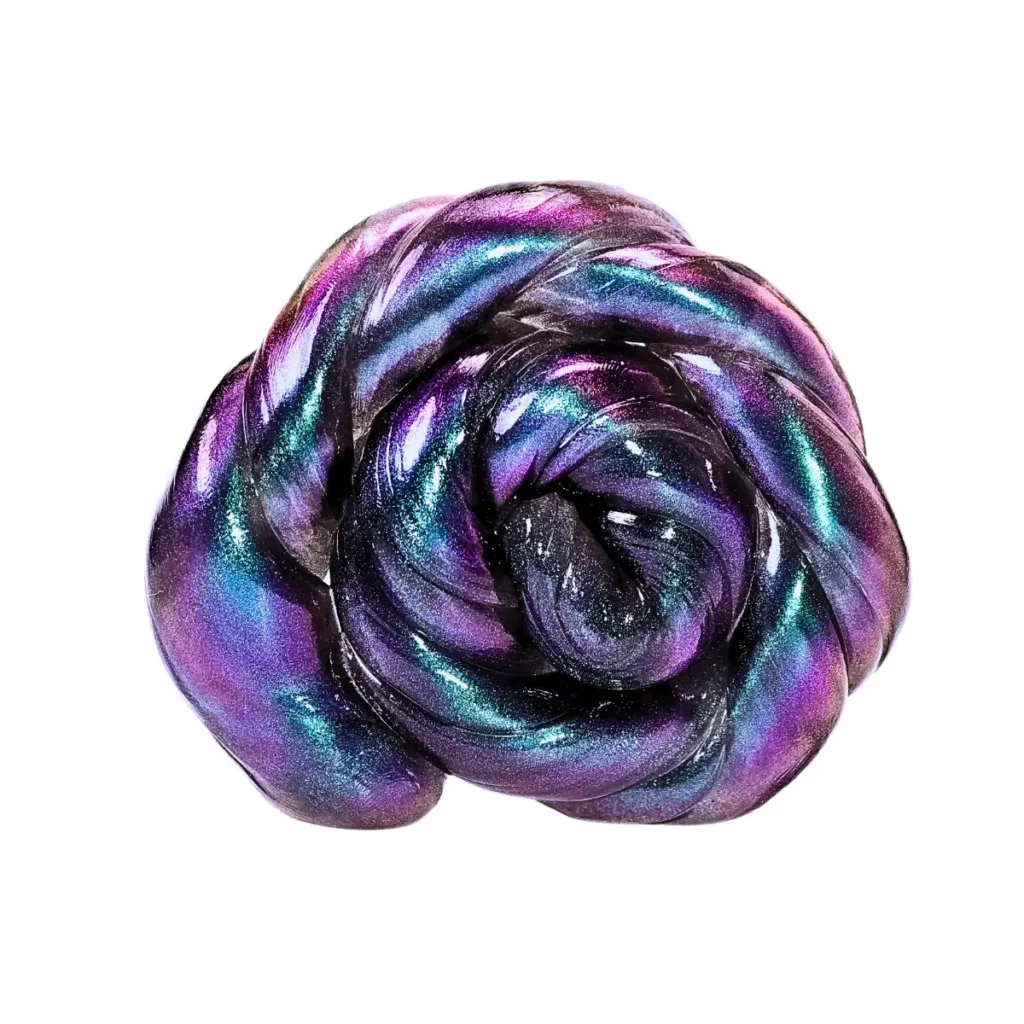 Chameleon sensory putty with an iridescent purple and teal metallic finish