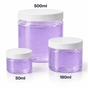 Lavender slime containers labeled 50ml, 180ml and 500ml